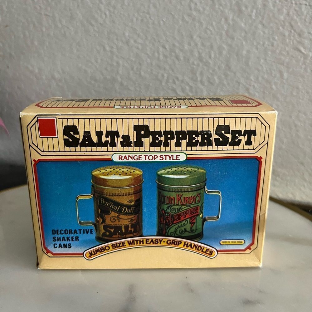 Vintage Elton Kirby's Pepper and Salt Shaker Percival Duffins Metal NIB Tin